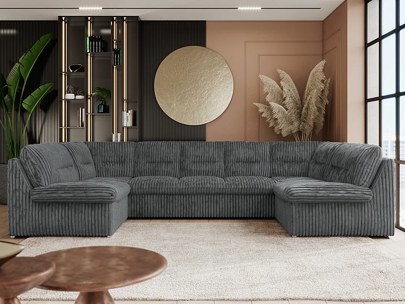 Ecksofa COMODO U, Große Wohnlandschaft, mit Schlaffunktion - Dunkelgrau Cord