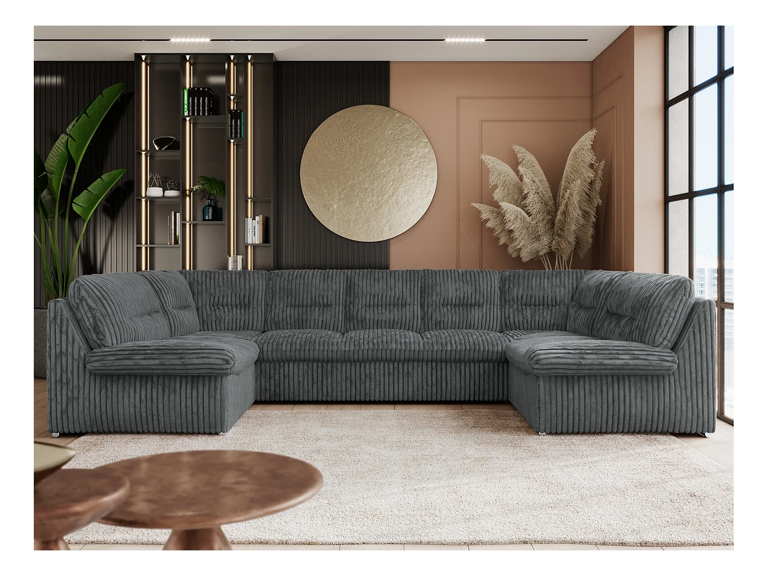 Ecksofa COMODO U, Große Wohnlandschaft, mit Schlaffunktion - Dunkelgrau Cord