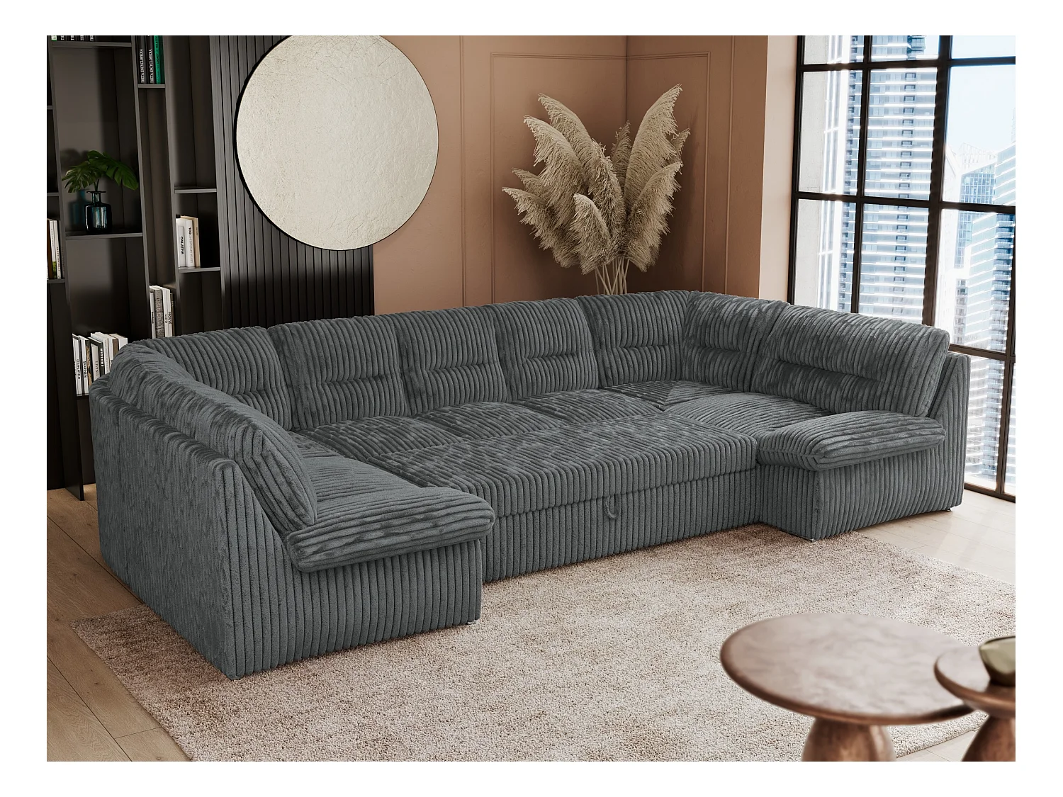 Ecksofa COMODO U, Große Wohnlandschaft, mit Schlaffunktion - Dunkelgrau Cord