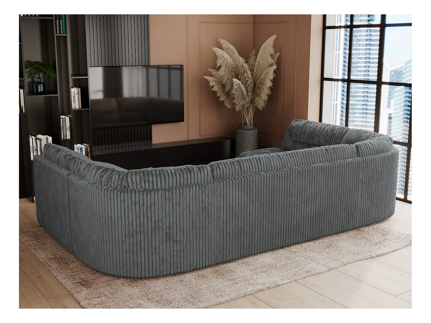 Ecksofa COMODO U, Große Wohnlandschaft, mit Schlaffunktion - Dunkelgrau Cord