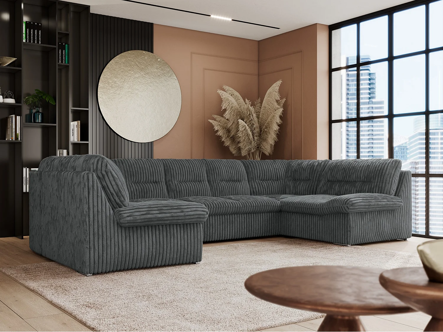 Ecksofa COMODO U, Große Wohnlandschaft, mit Schlaffunktion - Dunkelgrau Cord