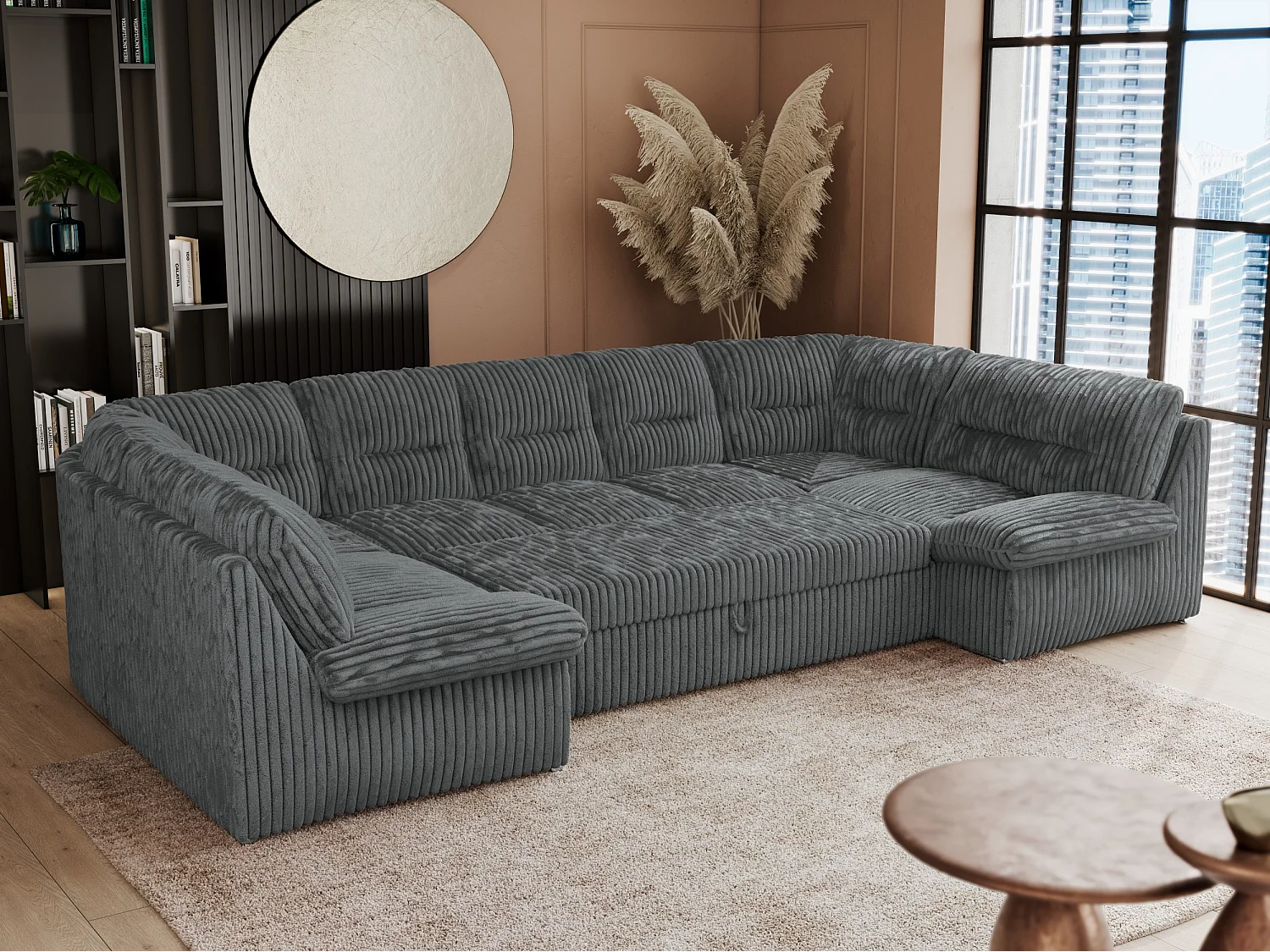 Ecksofa COMODO U, Große Wohnlandschaft, mit Schlaffunktion - Dunkelgrau Cord