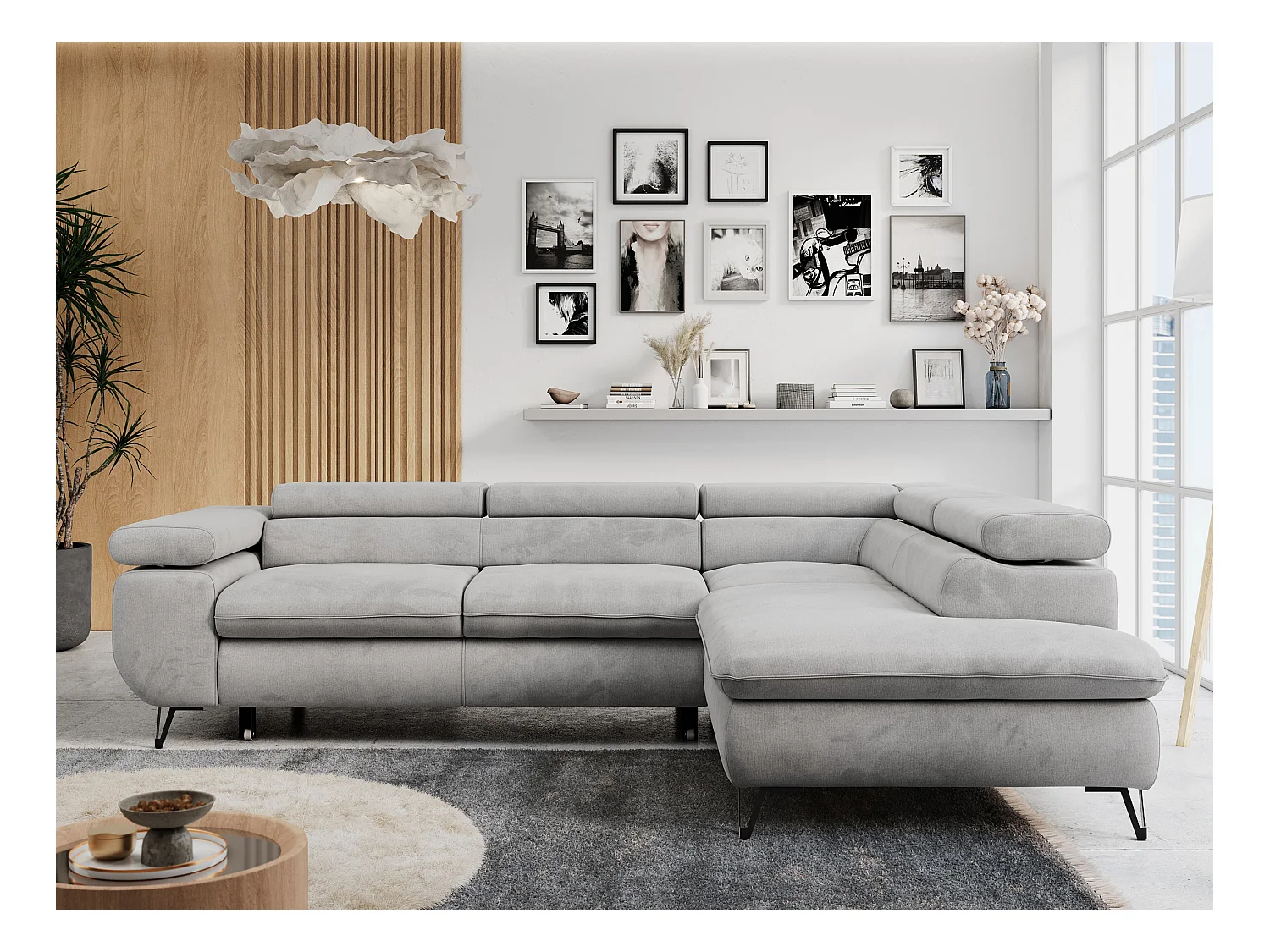 Ecksofa PETER verstellbare Kopfstütze, schlaffunktion - Hellgrau Velvet - Ecke Rechts