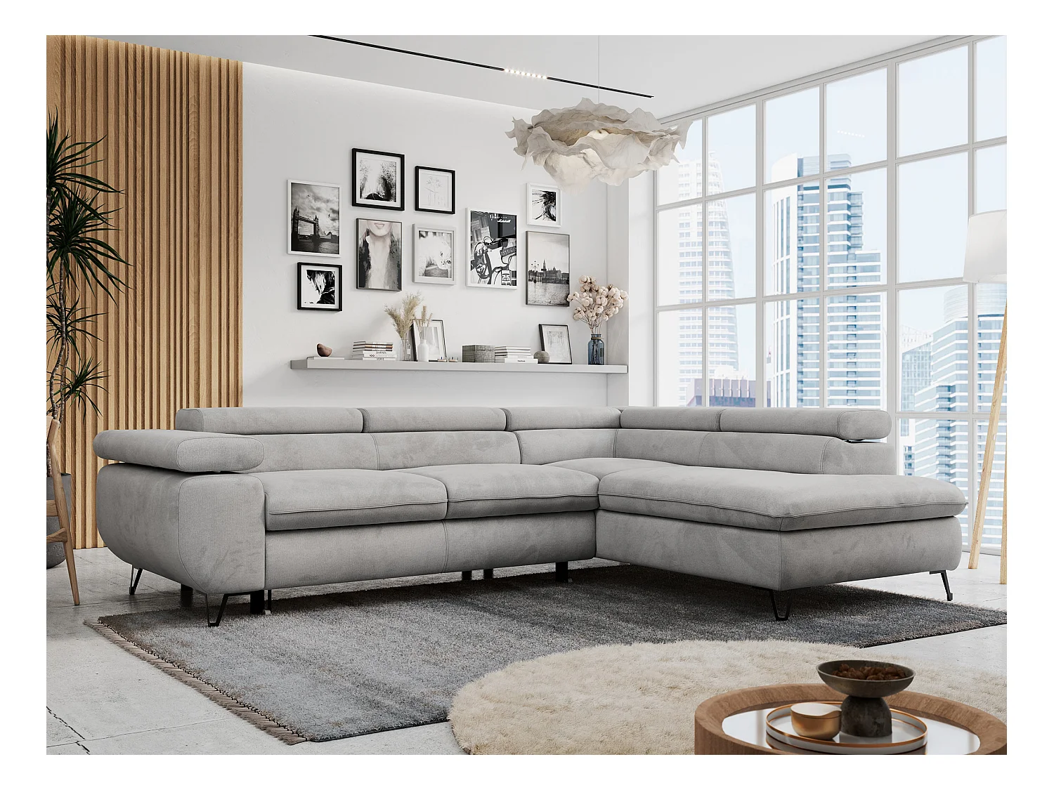 Ecksofa PETER verstellbare Kopfstütze, schlaffunktion - Hellgrau Velvet - Ecke Rechts