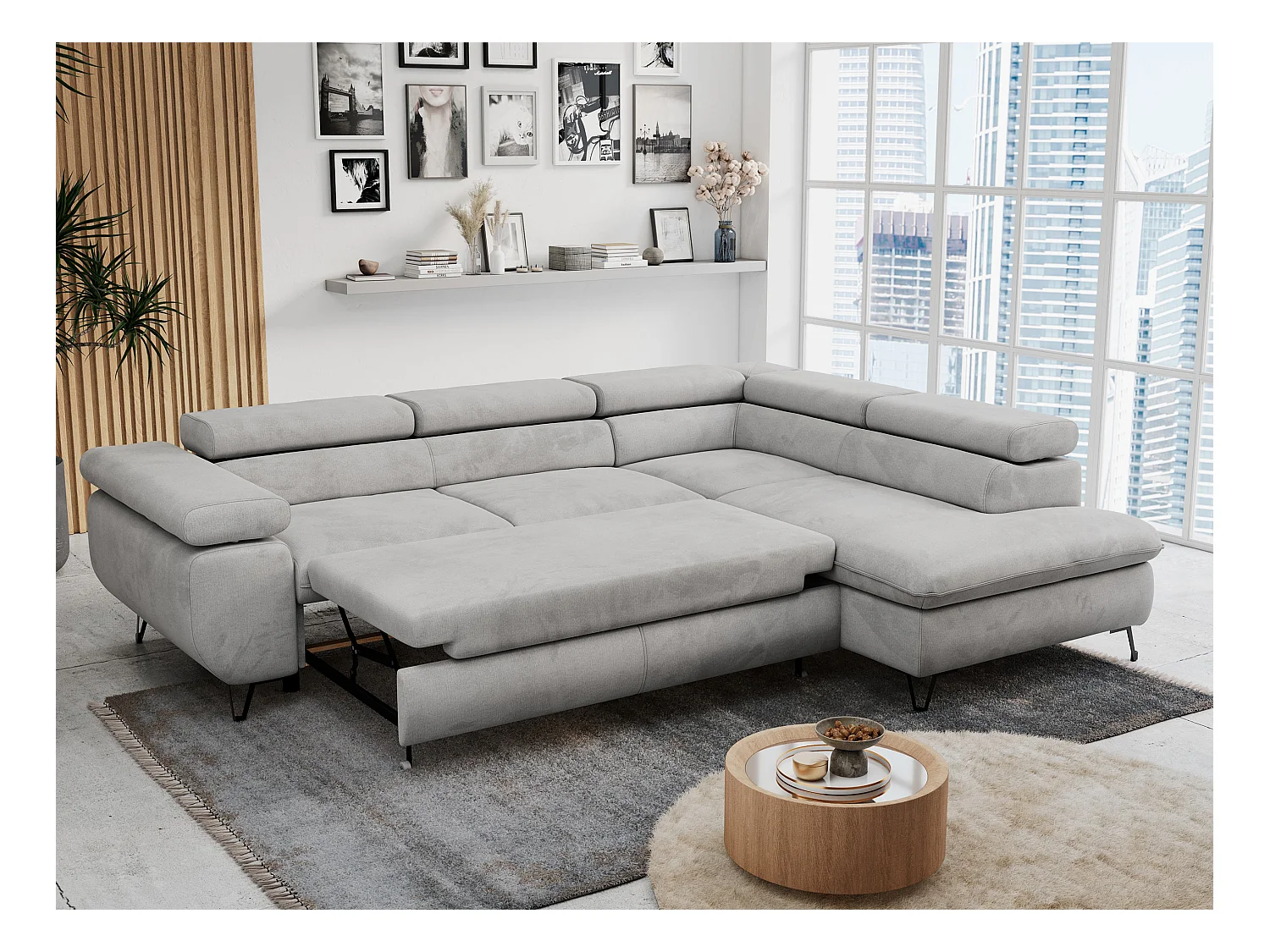 Ecksofa PETER verstellbare Kopfstütze, schlaffunktion - Hellgrau Velvet - Ecke Rechts