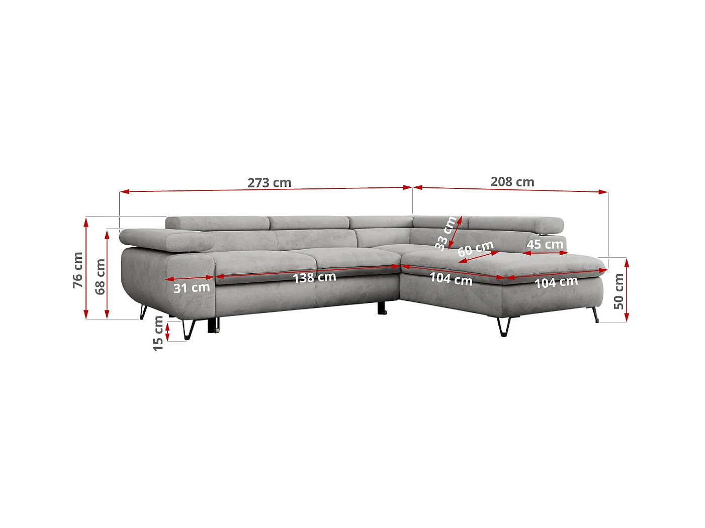 Ecksofa PETER verstellbare Kopfstütze, schlaffunktion - Hellgrau Velvet - Ecke Rechts