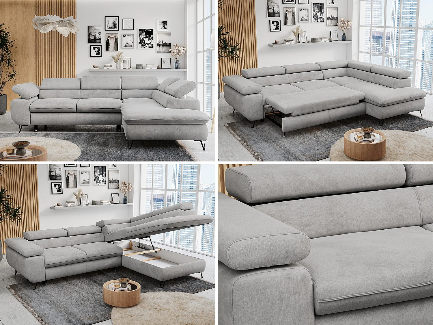 Ecksofa PETER verstellbare Kopfstütze, schlaffunktion - Hellgrau Velvet - Ecke Rechts