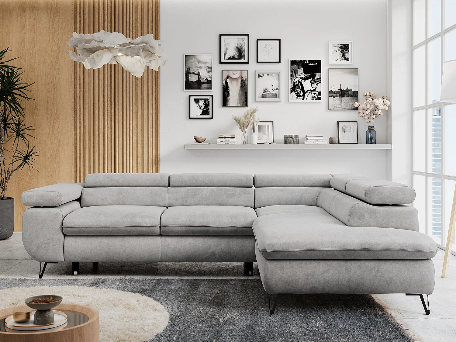 Ecksofa PETER verstellbare Kopfstütze, schlaffunktion - Hellgrau Velvet - Ecke Rechts