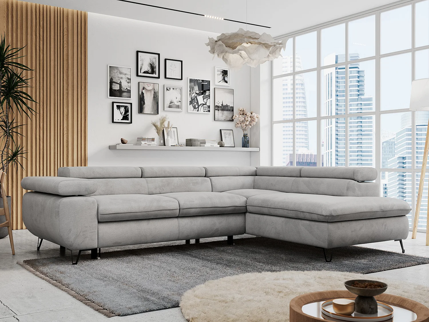 Ecksofa PETER verstellbare Kopfstütze, schlaffunktion - Hellgrau Velvet - Ecke Rechts