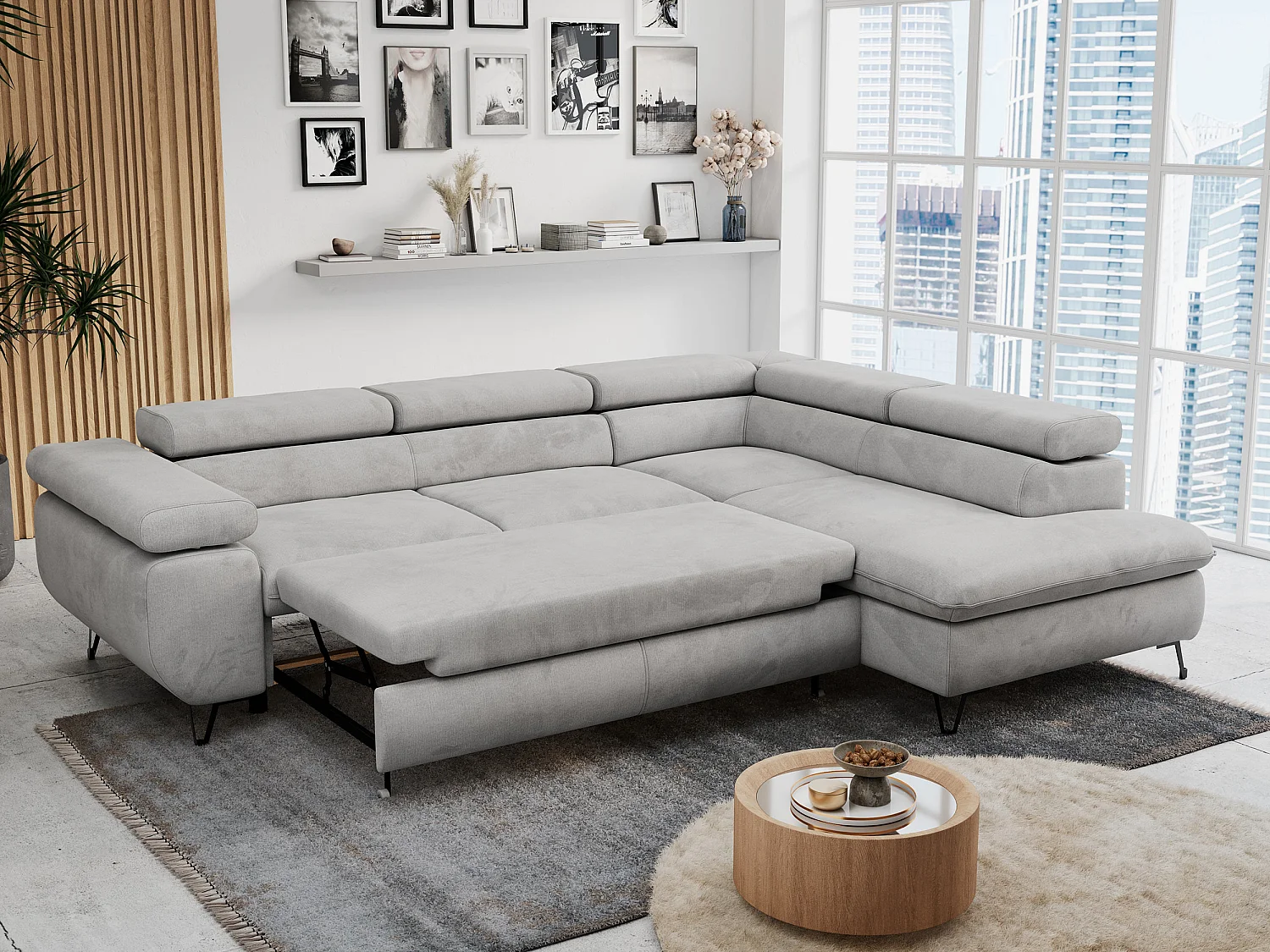 Ecksofa PETER verstellbare Kopfstütze, schlaffunktion - Hellgrau Velvet - Ecke Rechts