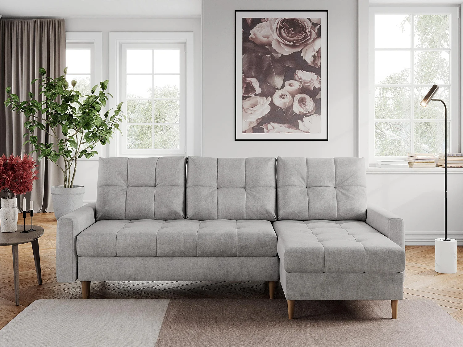 Ecksofa COLIN - gesteppte Sitzfläche, mit Schlaffunktion - Hellgrau Velvet