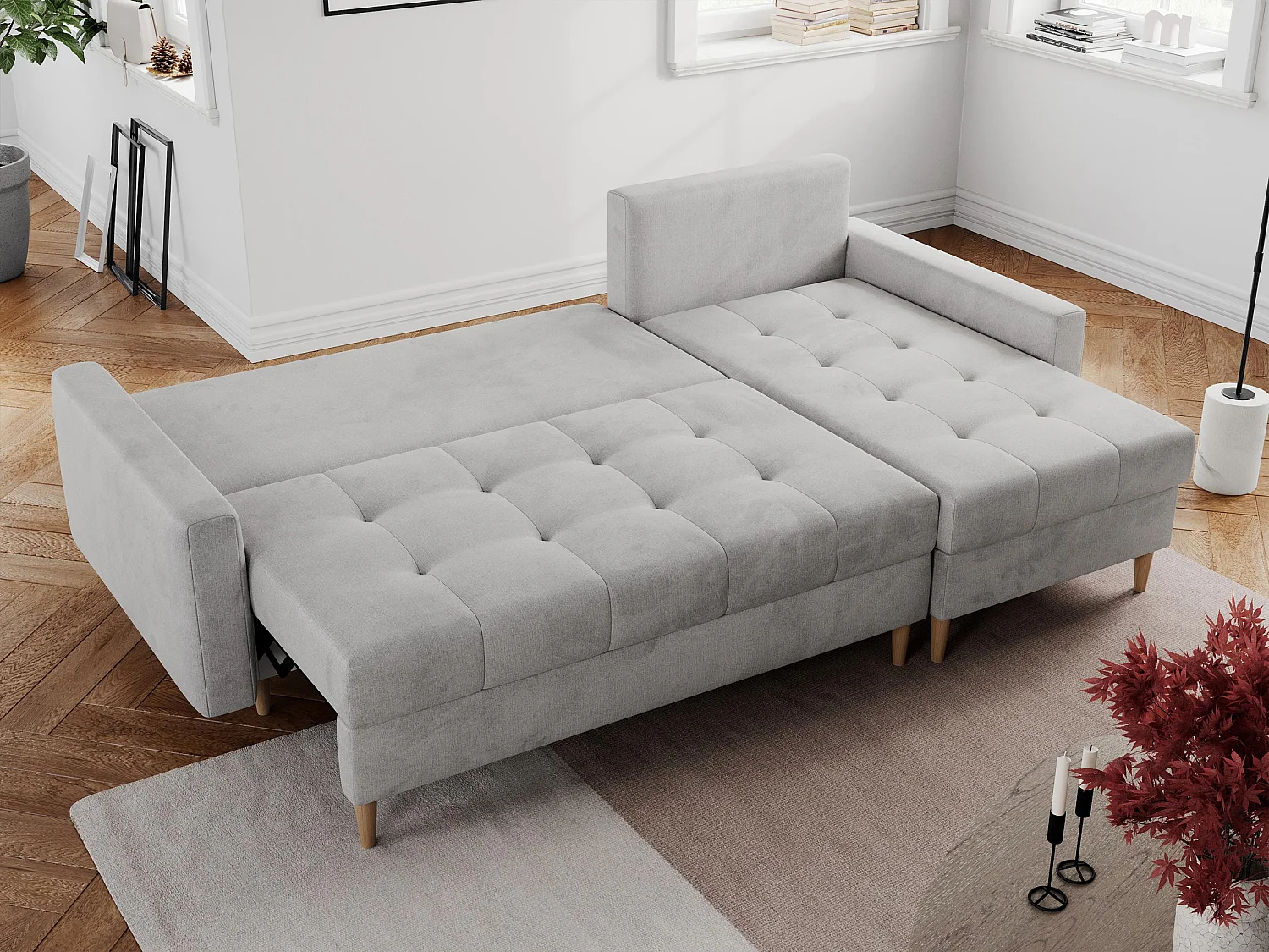 Ecksofa COLIN - gesteppte Sitzfläche, mit Schlaffunktion - Hellgrau Velvet