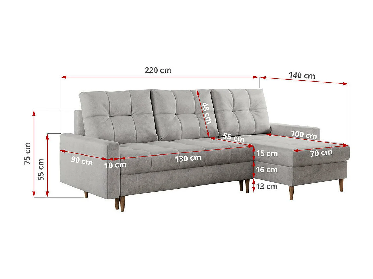 Ecksofa COLIN - gesteppte Sitzfläche, mit Schlaffunktion - Hellgrau Velvet