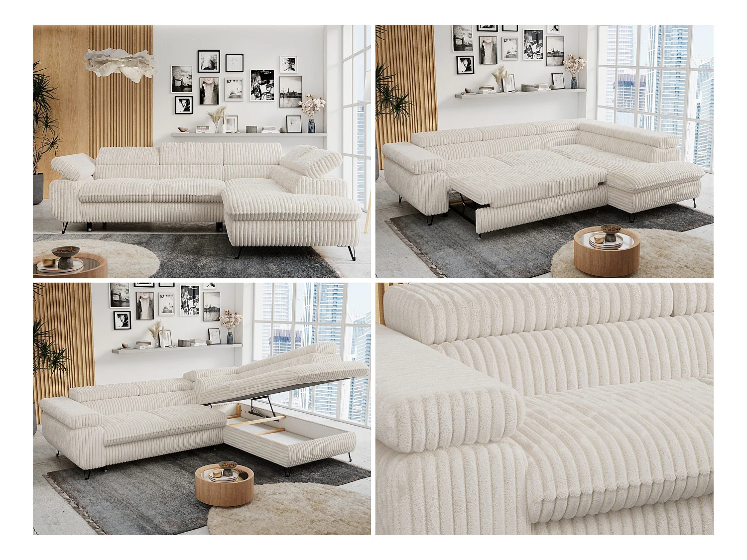 Ecksofa PETER verstellbare Kopfstütze, schlaffunktion - Beige Cord - Ecke Rechts