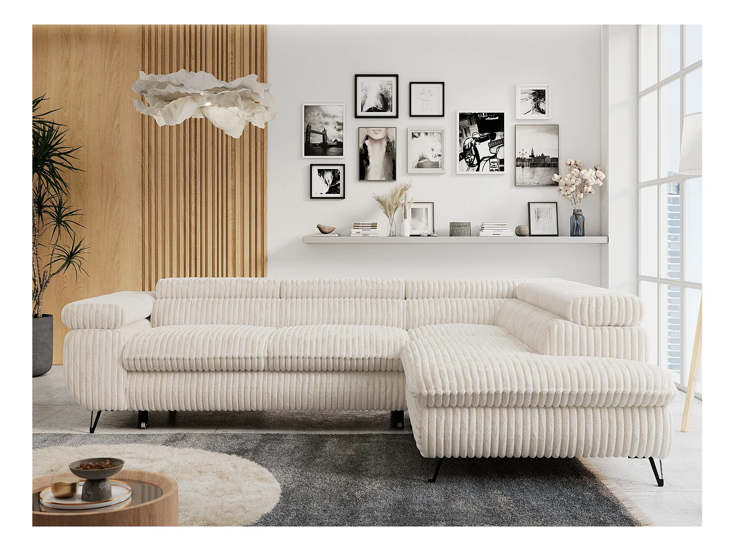 Ecksofa PETER verstellbare Kopfstütze, schlaffunktion - Beige Cord - Ecke Rechts