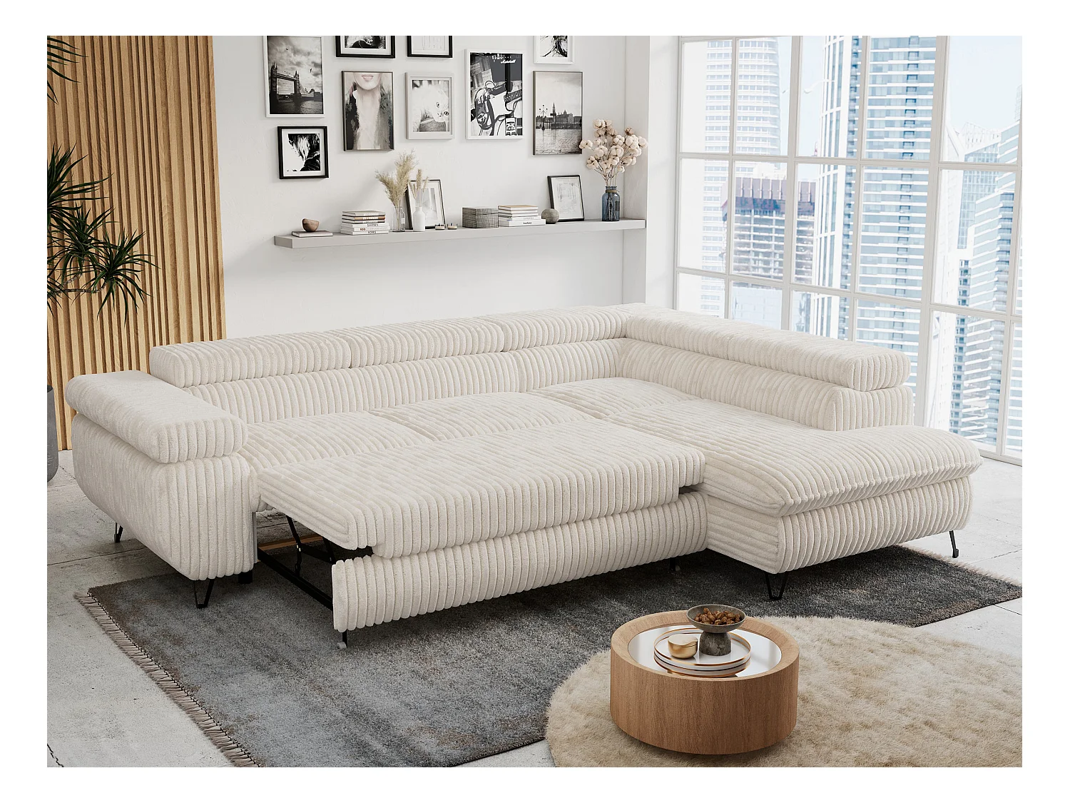 Ecksofa PETER verstellbare Kopfstütze, schlaffunktion - Beige Cord - Ecke Rechts