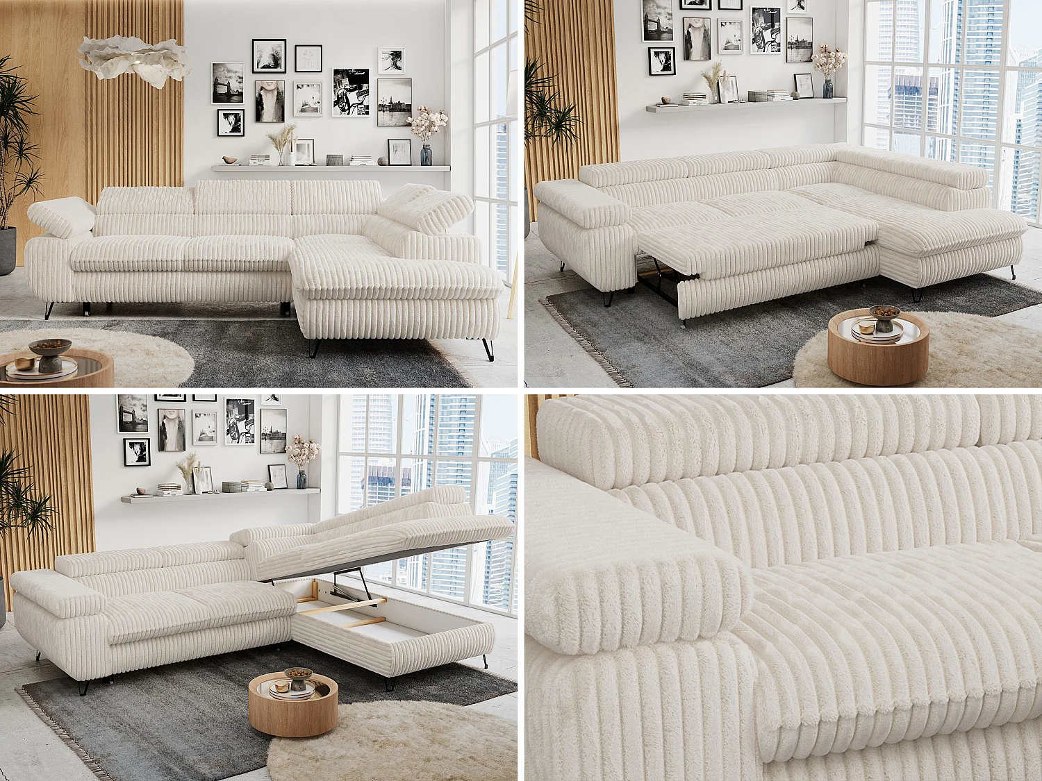 Ecksofa PETER verstellbare Kopfstütze, schlaffunktion - Beige Cord - Ecke Rechts