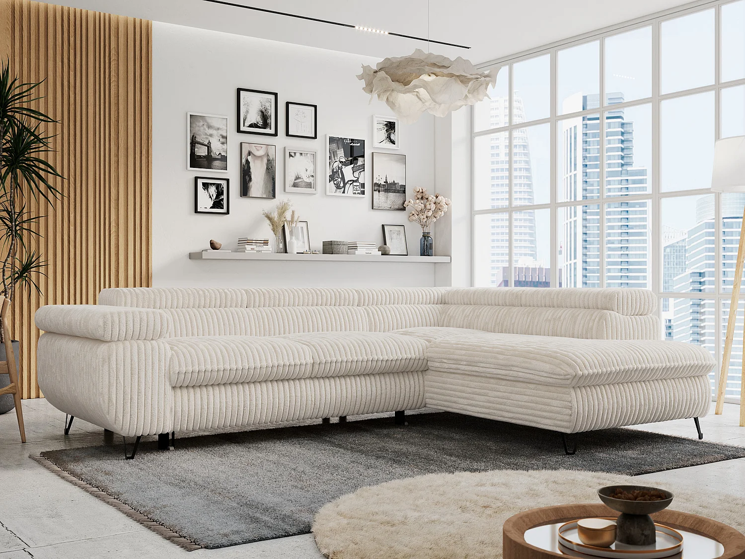 Ecksofa PETER verstellbare Kopfstütze, schlaffunktion - Beige Cord - Ecke Rechts