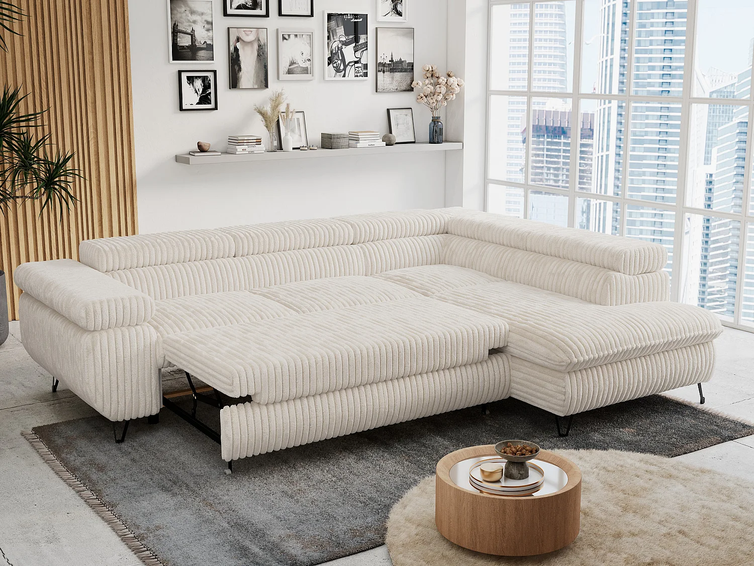 Ecksofa PETER verstellbare Kopfstütze, schlaffunktion - Beige Cord - Ecke Rechts