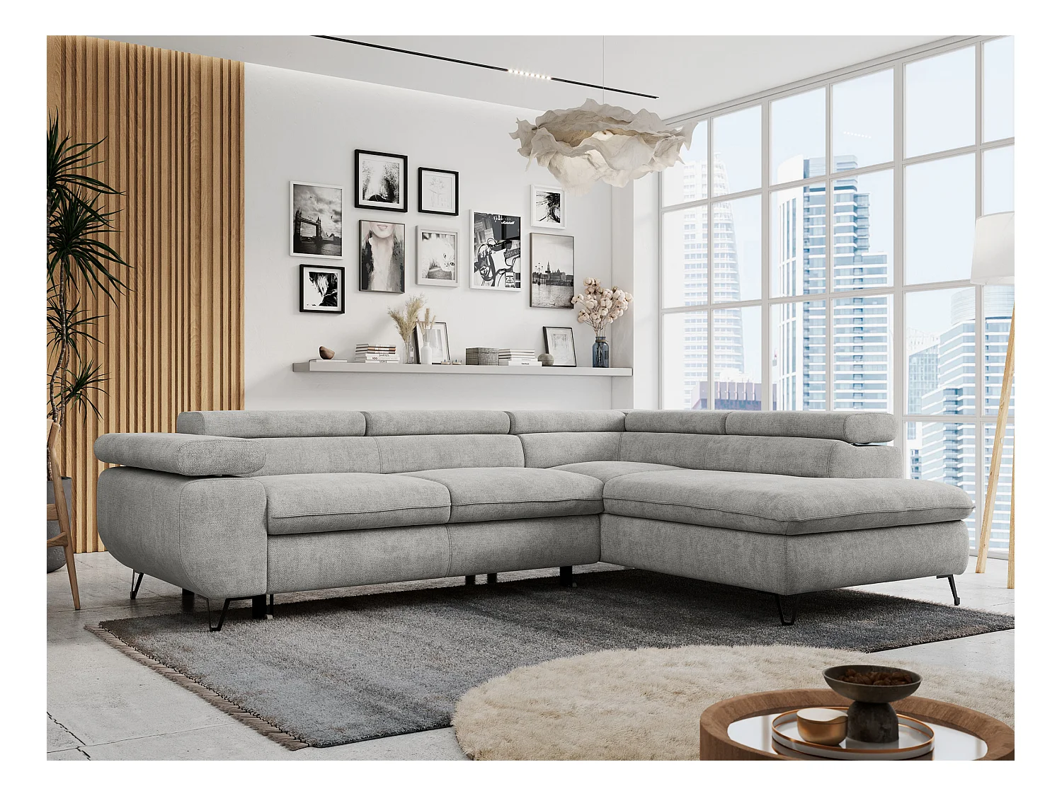 Ecksofa PETER verstellbare Kopfstütze, schlaffunktion - Hellgrau Stukture - Ecke Rechts