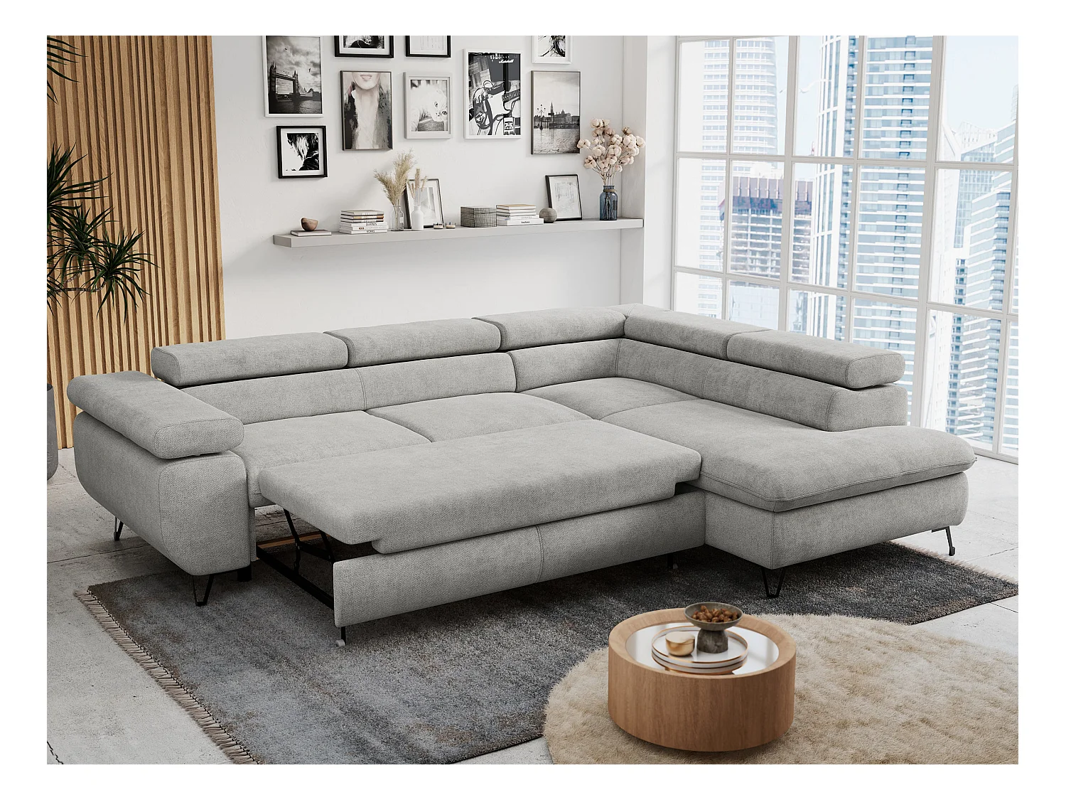 Ecksofa PETER verstellbare Kopfstütze, schlaffunktion - Hellgrau Stukture - Ecke Rechts