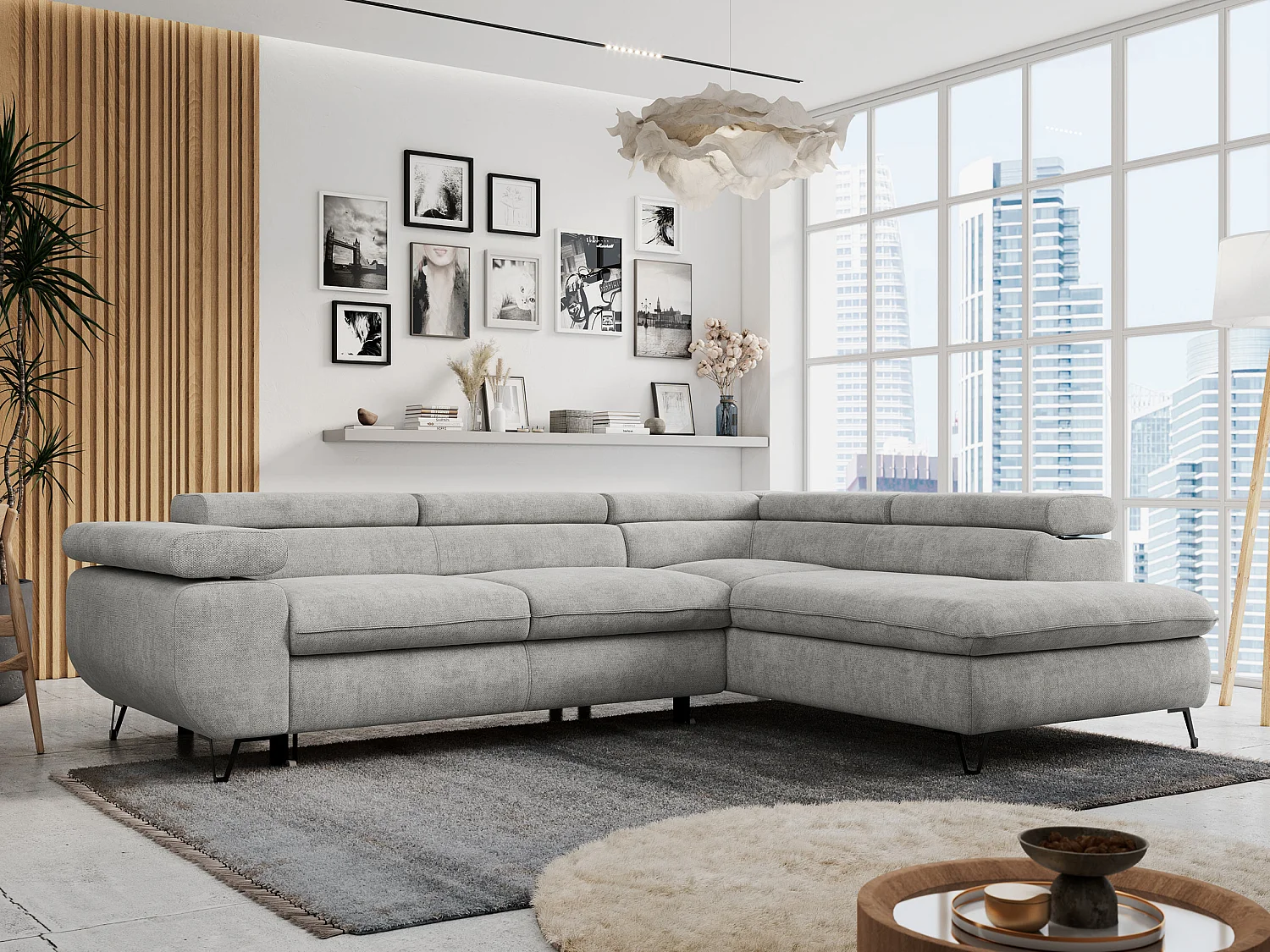 Ecksofa PETER verstellbare Kopfstütze, schlaffunktion - Hellgrau Stukture - Ecke Rechts