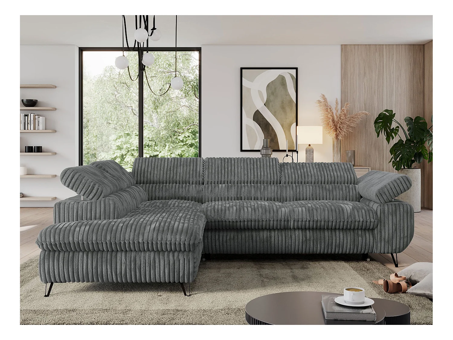 Ecksofa PEDRO - L-Form mit Schlaffunktion 200x125 cm, verstellbaren Kopfstützen - Dunkelgrau Cord - Ecke Links