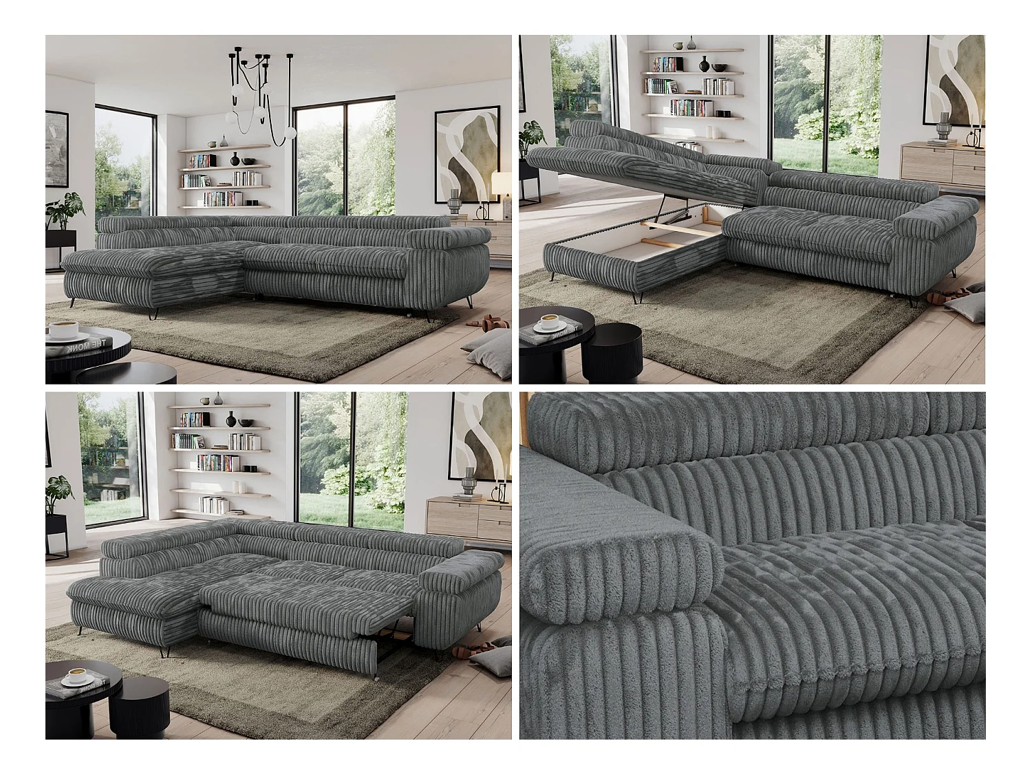 Ecksofa PEDRO - L-Form mit Schlaffunktion 200x125 cm, verstellbaren Kopfstützen - Dunkelgrau Cord - Ecke Links