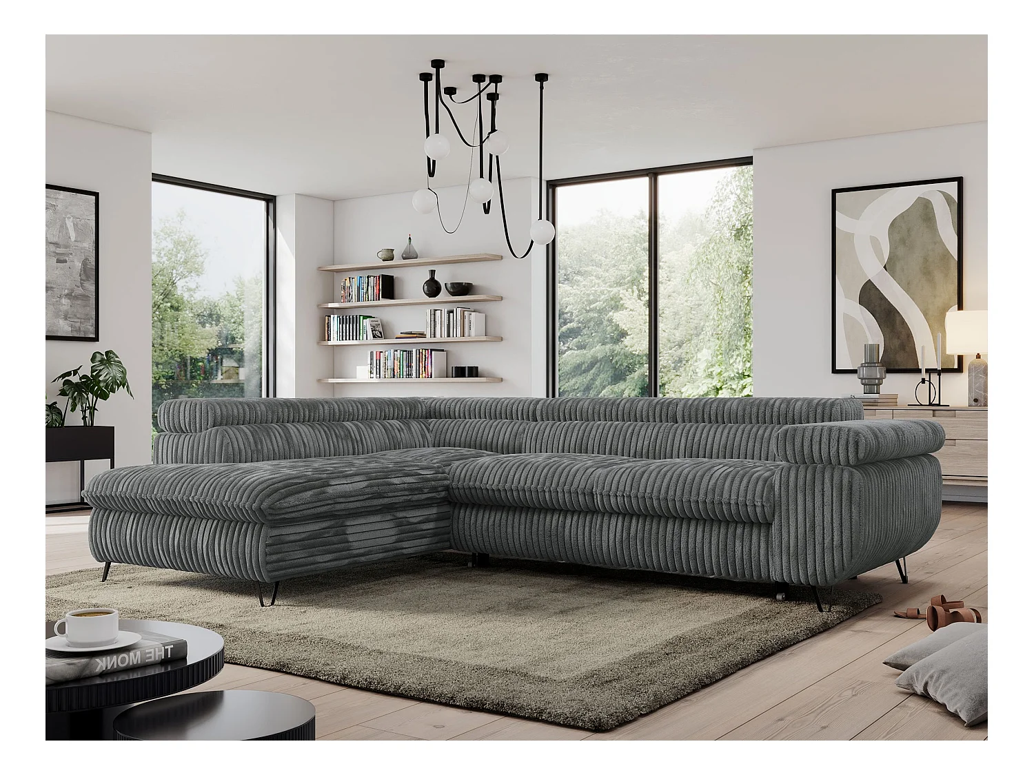 Ecksofa PEDRO - L-Form mit Schlaffunktion 200x125 cm, verstellbaren Kopfstützen - Dunkelgrau Cord - Ecke Links