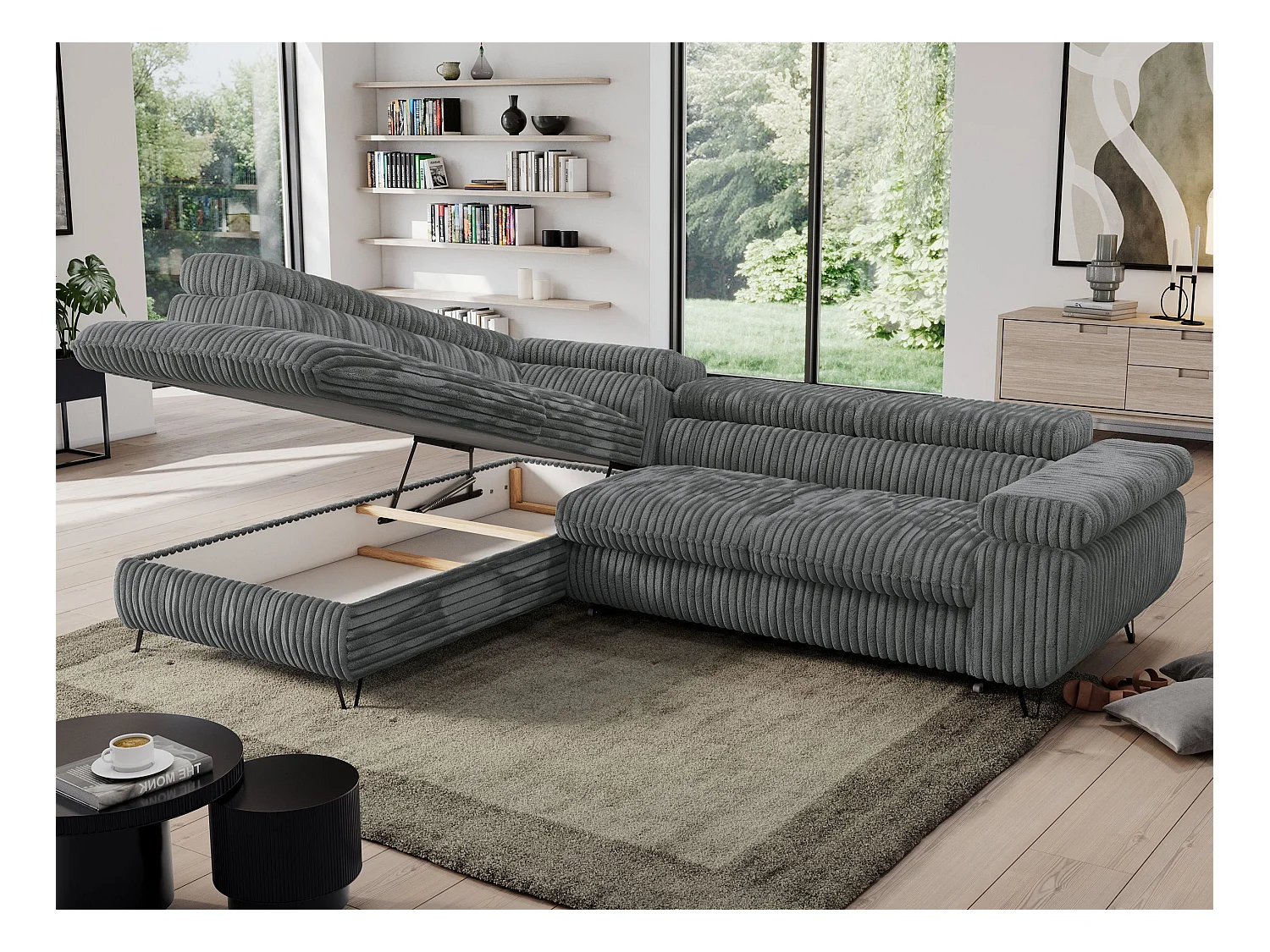 Ecksofa PEDRO - L-Form mit Schlaffunktion 200x125 cm, verstellbaren Kopfstützen - Dunkelgrau Cord - Ecke Links