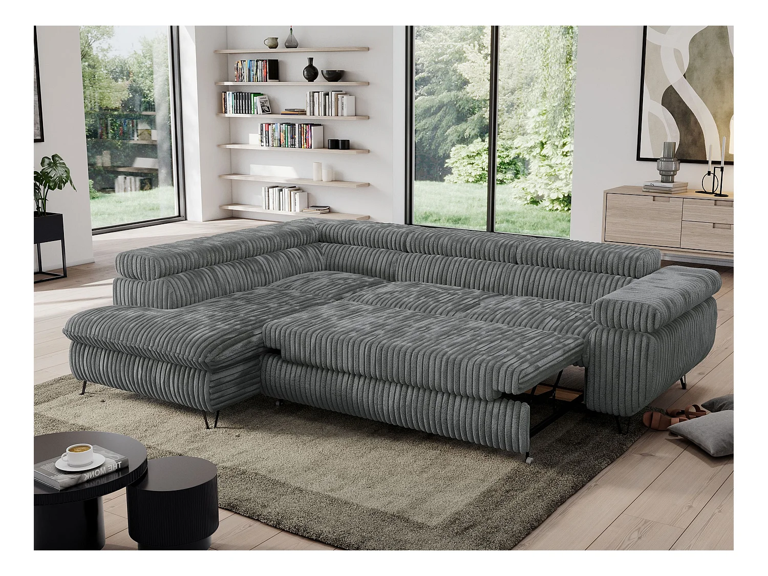 Ecksofa PEDRO - L-Form mit Schlaffunktion 200x125 cm, verstellbaren Kopfstützen - Dunkelgrau Cord - Ecke Links