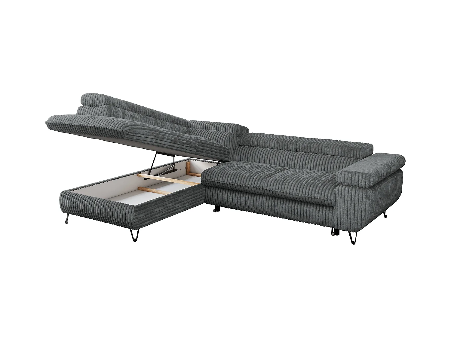 Ecksofa PEDRO - L-Form mit Schlaffunktion 200x125 cm, verstellbaren Kopfstützen - Dunkelgrau Cord - Ecke Links