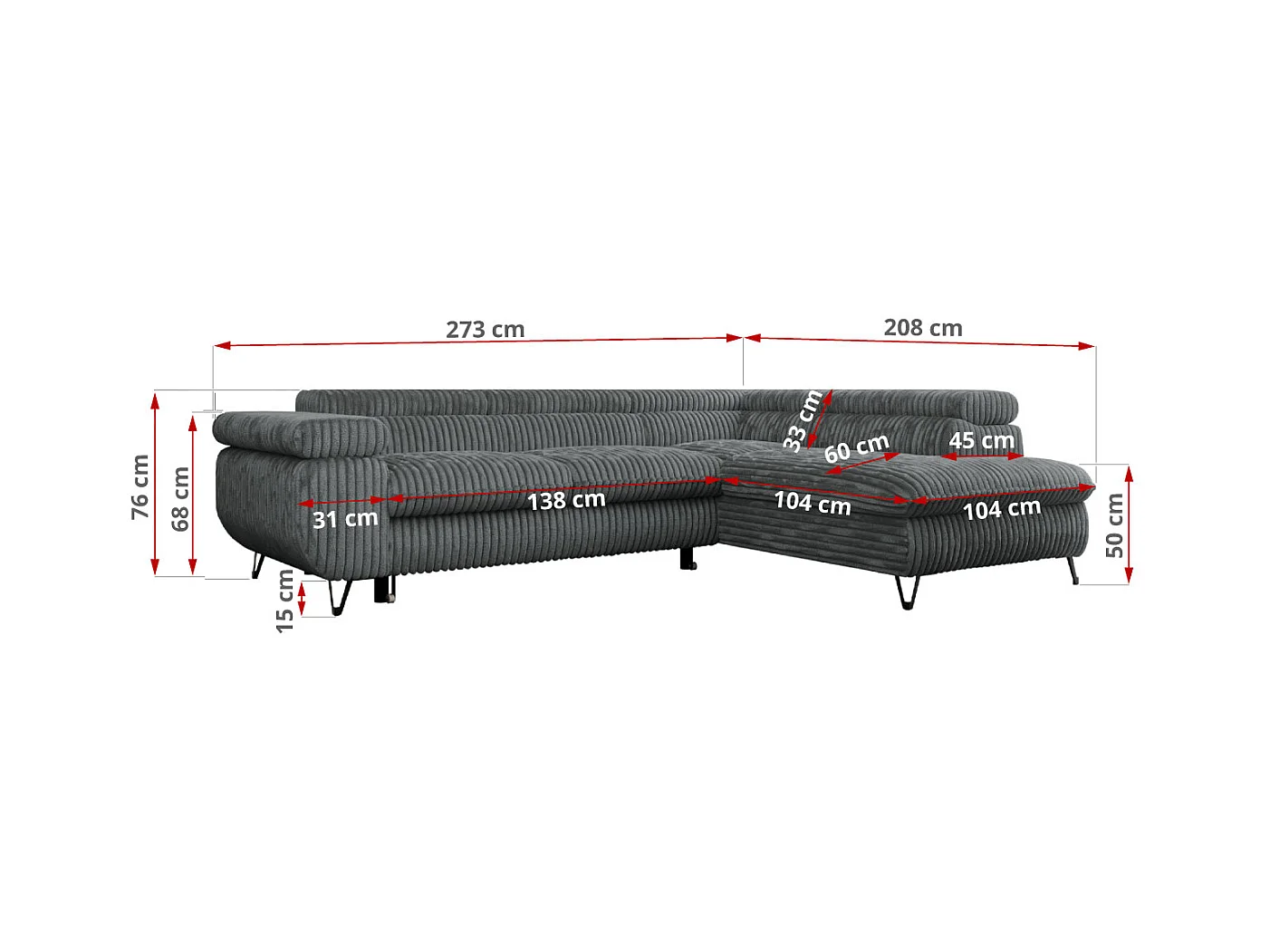 Ecksofa PEDRO - L-Form mit Schlaffunktion 200x125 cm, verstellbaren Kopfstützen - Dunkelgrau Cord - Ecke Links
