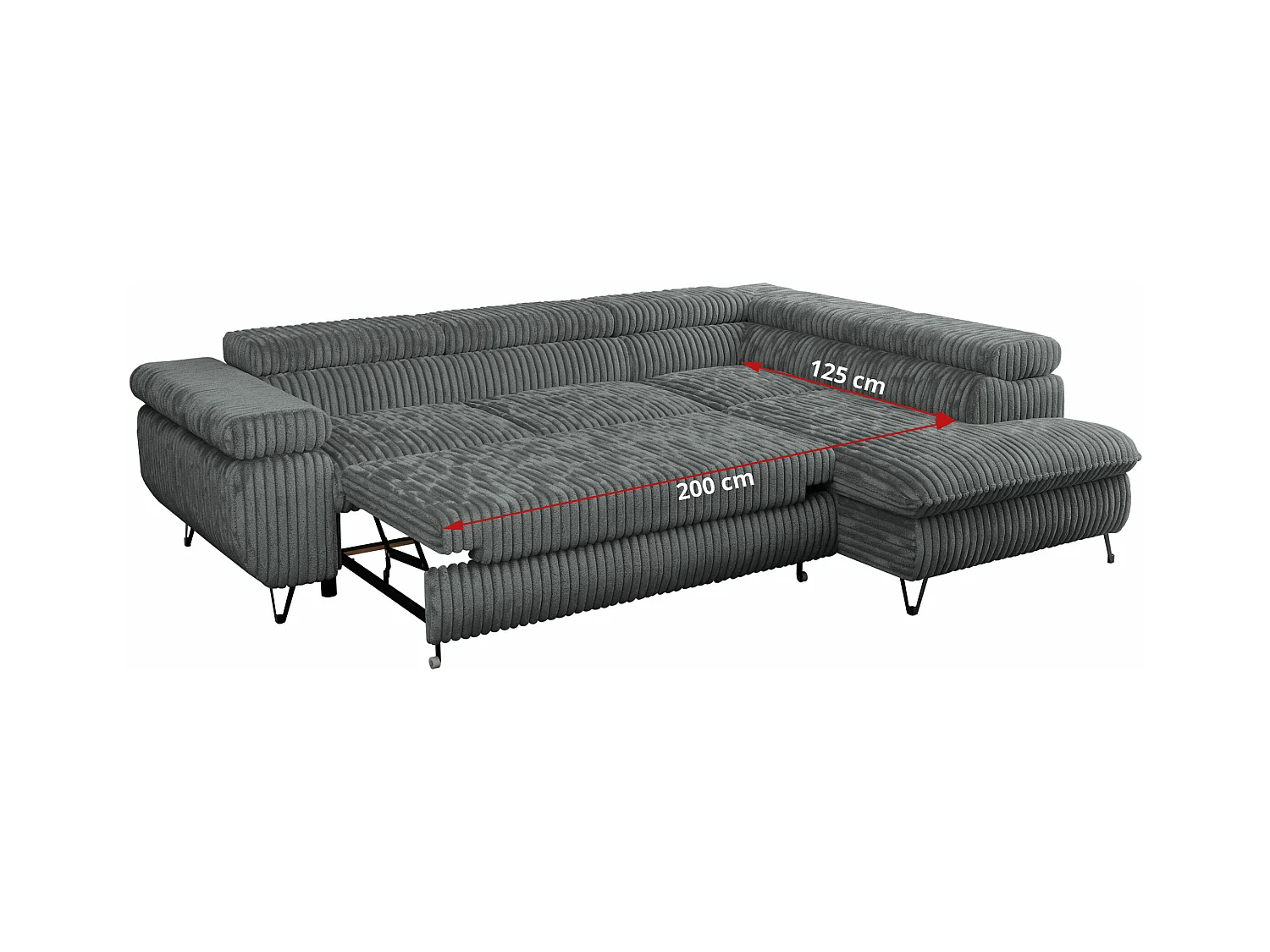 Ecksofa PEDRO - L-Form mit Schlaffunktion 200x125 cm, verstellbaren Kopfstützen - Dunkelgrau Cord - Ecke Links