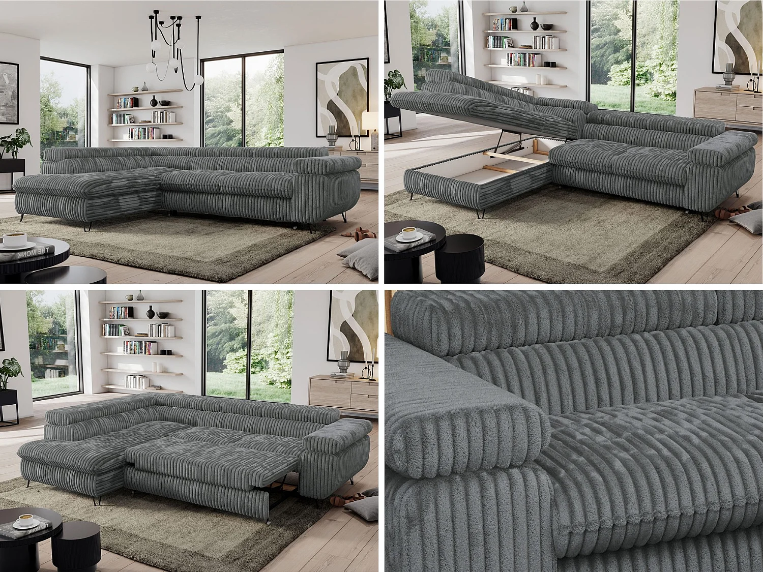 Ecksofa PEDRO - L-Form mit Schlaffunktion 200x125 cm, verstellbaren Kopfstützen - Dunkelgrau Cord - Ecke Links