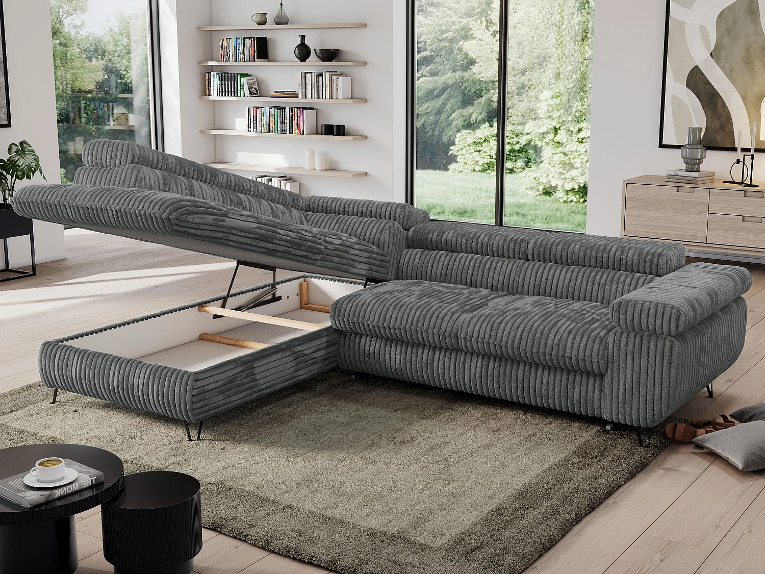 Ecksofa PEDRO - L-Form mit Schlaffunktion 200x125 cm, verstellbaren Kopfstützen - Dunkelgrau Cord - Ecke Links