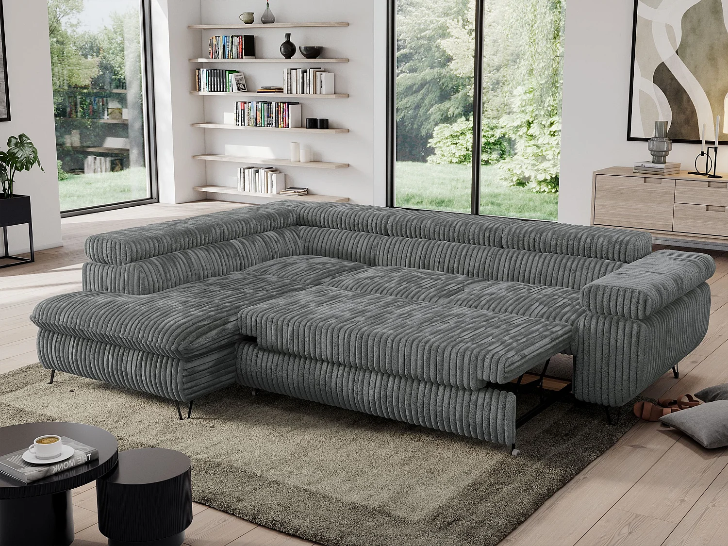 Ecksofa PEDRO - L-Form mit Schlaffunktion 200x125 cm, verstellbaren Kopfstützen - Dunkelgrau Cord - Ecke Links