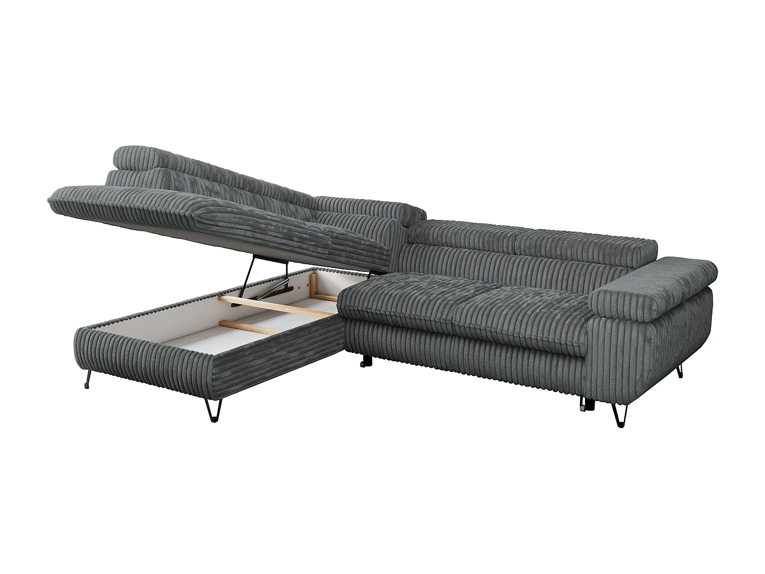 Ecksofa PEDRO - L-Form mit Schlaffunktion 200x125 cm, verstellbaren Kopfstützen - Dunkelgrau Cord - Ecke Links