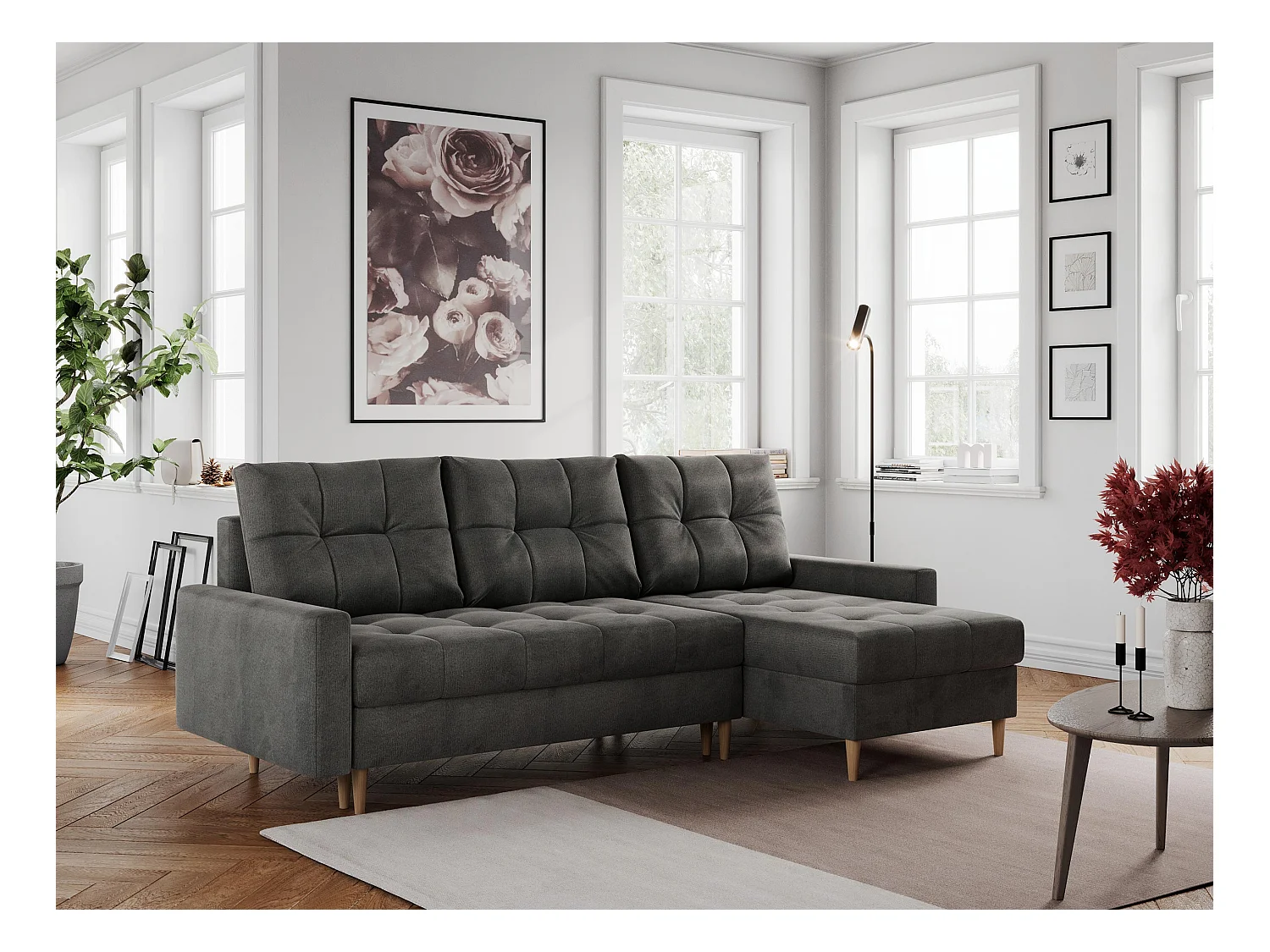 Ecksofa COLIN - gesteppte Sitzfläche, mit Schlaffunktion - Dunkelgrau Velvet