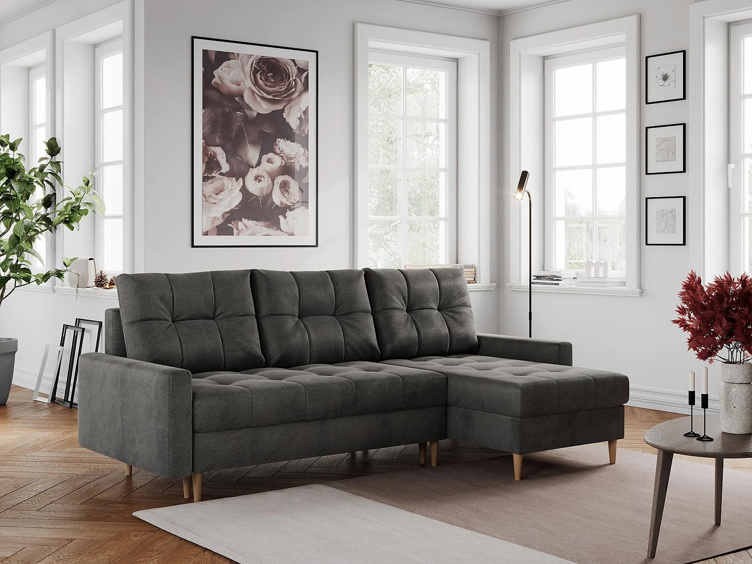 Ecksofa COLIN - gesteppte Sitzfläche, mit Schlaffunktion - Dunkelgrau Velvet