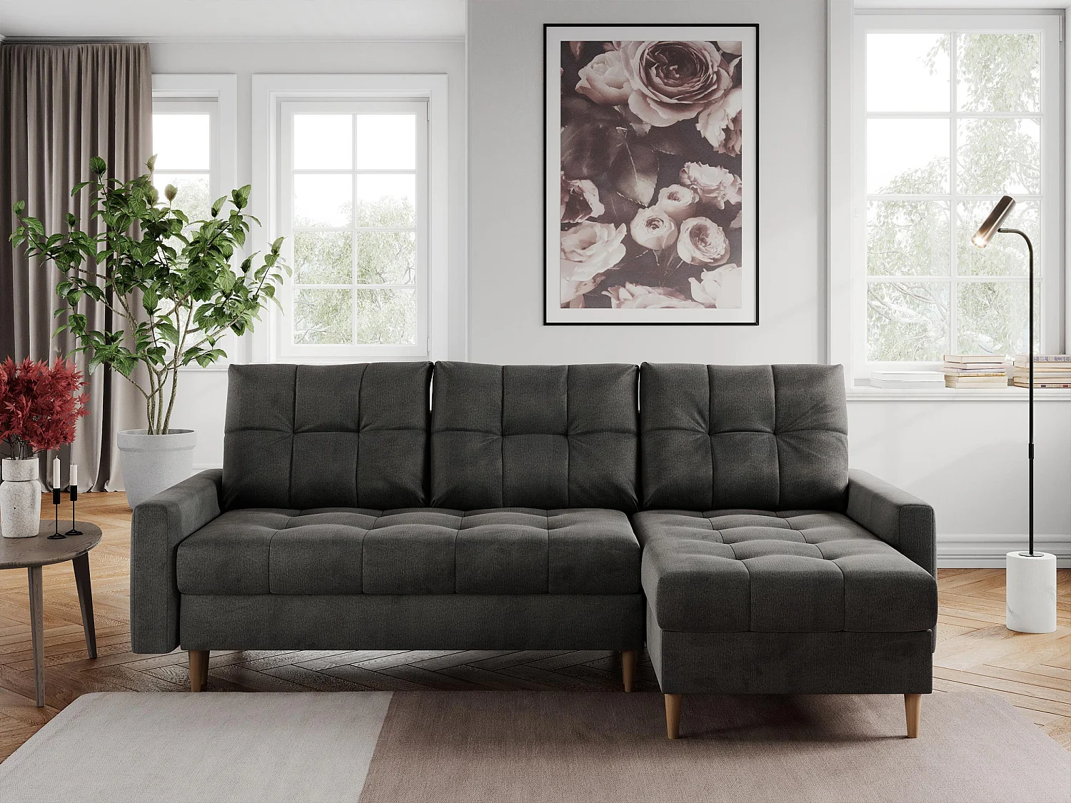 Ecksofa COLIN - gesteppte Sitzfläche, mit Schlaffunktion - Dunkelgrau Velvet