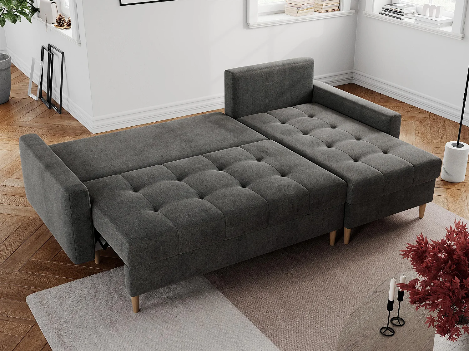 Ecksofa COLIN - gesteppte Sitzfläche, mit Schlaffunktion - Dunkelgrau Velvet