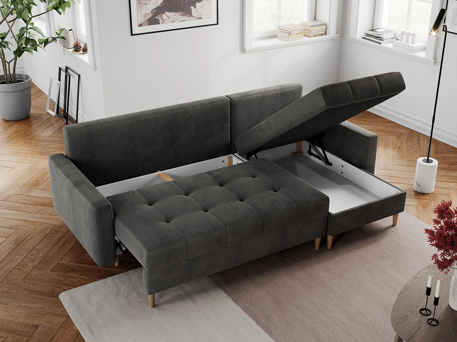 Ecksofa COLIN - gesteppte Sitzfläche, mit Schlaffunktion - Dunkelgrau Velvet