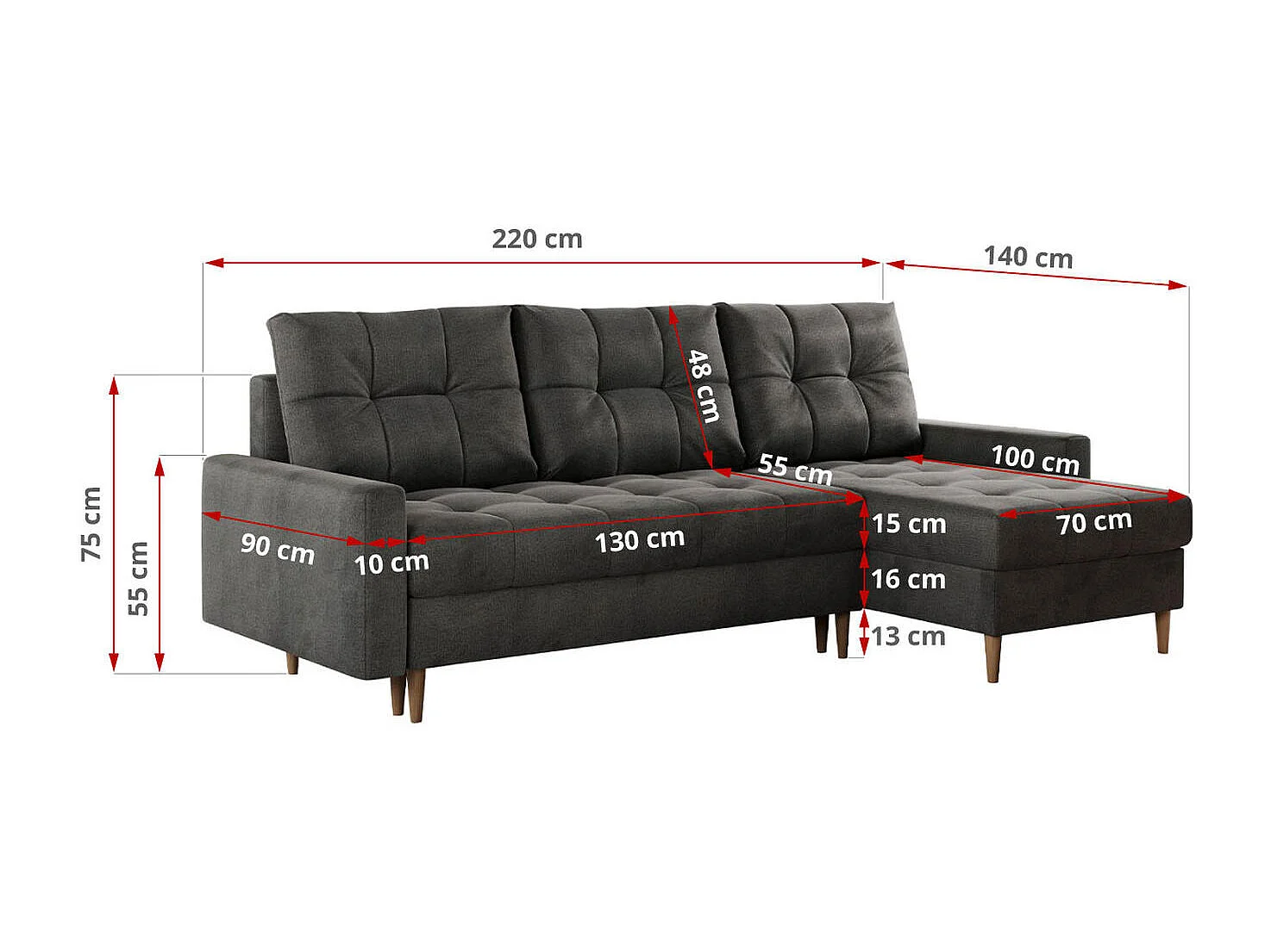 Ecksofa COLIN - gesteppte Sitzfläche, mit Schlaffunktion - Dunkelgrau Velvet