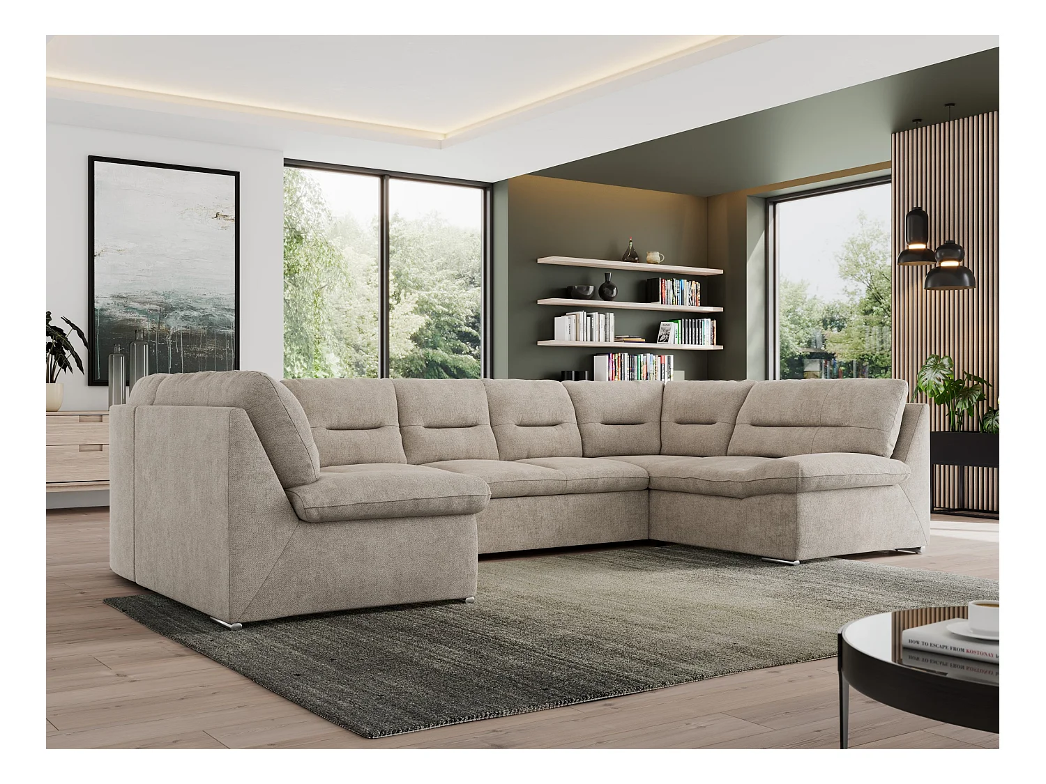 Ecksofa MORBIDO U, XXL Wohnlandschaft mit schlaffunktion - Beige Stukture