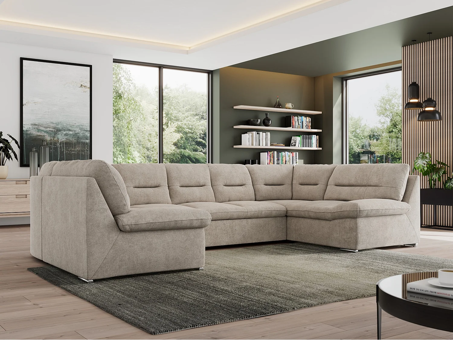Ecksofa MORBIDO U, XXL Wohnlandschaft mit schlaffunktion - Beige Stukture