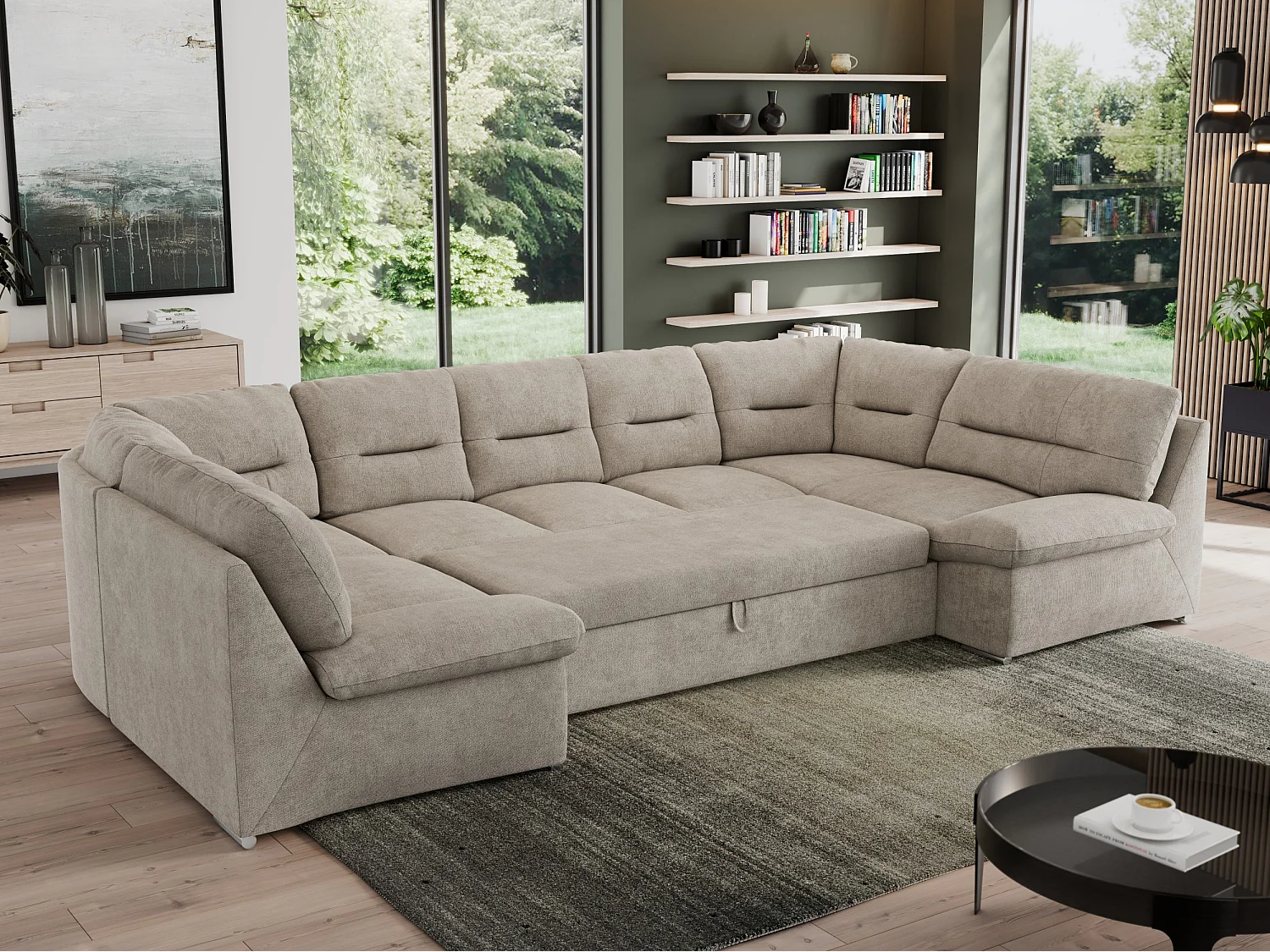 Ecksofa MORBIDO U, XXL Wohnlandschaft mit schlaffunktion - Beige Stukture