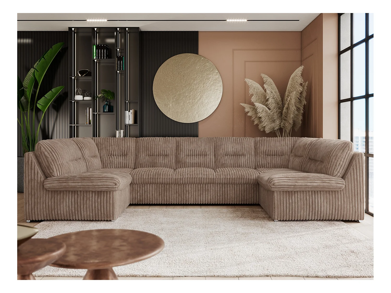 Ecksofa COMODO U, Große Wohnlandschaft, mit Schlaffunktion - Braun Cord