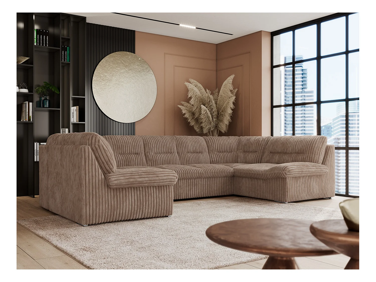 Ecksofa COMODO U, Große Wohnlandschaft, mit Schlaffunktion - Braun Cord