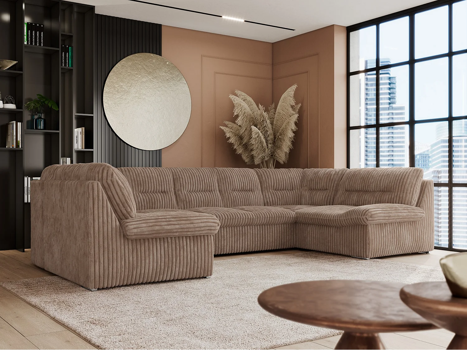 Ecksofa COMODO U, Große Wohnlandschaft, mit Schlaffunktion - Braun Cord